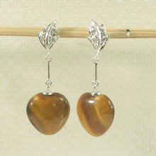 Load image into Gallery viewer, 1399872-14k-White-Gold-Diamond-Heart-Brown-Tiger-Eye-Dangle-Stud-Earrings