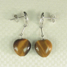 Load image into Gallery viewer, 1399872-14k-White-Gold-Diamond-Heart-Brown-Tiger-Eye-Dangle-Stud-Earrings