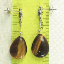 Load image into Gallery viewer, 1399911-14k-White-Gold-Raindrop-Brown-Tiger-Eye-Diamond-Dangle-Stud-Earrings