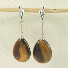 Load image into Gallery viewer, 1399911-14k-White-Gold-Raindrop-Brown-Tiger-Eye-Diamond-Dangle-Stud-Earrings