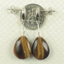 Load image into Gallery viewer, 1399911-14k-White-Gold-Raindrop-Brown-Tiger-Eye-Diamond-Dangle-Stud-Earrings