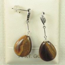 Load image into Gallery viewer, 1399911-14k-White-Gold-Raindrop-Brown-Tiger-Eye-Diamond-Dangle-Stud-Earrings