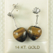 Load image into Gallery viewer, 1399931-14k-White-Gold-Diamond-Heart-Brown-Tiger-Eye-Dangle-Stud-Earrings