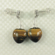 Load image into Gallery viewer, 1399931-14k-White-Gold-Diamond-Heart-Brown-Tiger-Eye-Dangle-Stud-Earrings