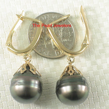 Load image into Gallery viewer, 1T00042-Black-Tahitian-Pearl-14k-Solid-Gold-Flowers-Cap-Dangle-Earrings