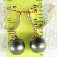 Load image into Gallery viewer, 1T00042-Black-Tahitian-Pearl-14k-Solid-Gold-Flowers-Cap-Dangle-Earrings