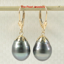 Load image into Gallery viewer, 1T00120-Black-Tahitian-Pearl-Dangle-Earrings-14k-Leverback-Flower-Cap