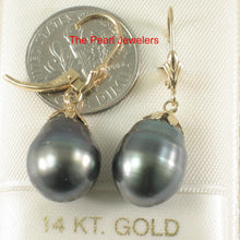 Load image into Gallery viewer, 1T00120-Black-Tahitian-Pearl-Dangle-Earrings-14k-Leverback-Flower-Cap