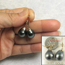 Load image into Gallery viewer, 1T00120-Black-Tahitian-Pearl-Dangle-Earrings-14k-Leverback-Flower-Cap