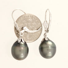 Load image into Gallery viewer, 1T00129E-14k-White-Solid-Gold-Leverback-Black-Tahitian-Pearl-Dangle-Earrings