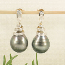 Load image into Gallery viewer, 1T00802B-Genuine-Diamond-Black-Tahitian-Pearl-14k-Yellow-Gold-Dangle-Earrings