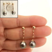 Load image into Gallery viewer, 1T01040-Natural-Black-Tahitian-Pearl-14k-Gold-Stud-Dangle-Earrings