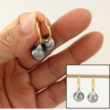 Load image into Gallery viewer, 1T01400-14k-Gold-Hoop-Black-Tahitian-Pearl-Dangle-Earrings