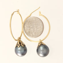 Load image into Gallery viewer, 1T03591B-14k-Yellow-Gold-Hoop-Black-Tahitian-Pearl-Dangle-Earrings