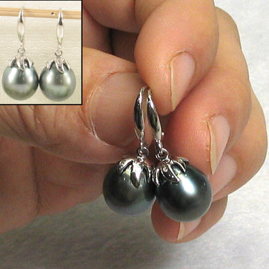 Genuine Tahitian Pearl & Diamonds Dangle Hook Earrings – 14k White Gold