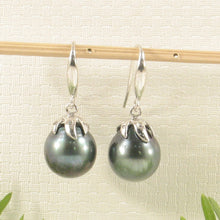 Load image into Gallery viewer, 1T09658-Genuine-Tahitian-Pearl-Diamond-14k-Dangle-Hook-Earrings