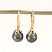 Load image into Gallery viewer, 1T81400-14k-Gold-Hoop-Flower-Cap-Black-Tahitian-Pearl-Dangle-Earrings