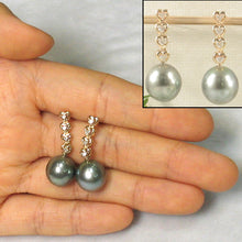 Load image into Gallery viewer, 1T98100B-14k-Gold-Love-Hearts-Diamond-Tahitian-Pearl-Dangle-Earrings