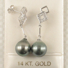 Load image into Gallery viewer, 1T99950-Genuine-Diamond-Black-Tahitian-Pearl-14k-White-Gold-Dangle-Earrings
