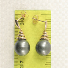 Load image into Gallery viewer, 1T99982-Unique-Black-Tahitian-Pearl-14k-Yellow-Gold-Dangle-Earrings