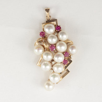 Baroque Pearl Grape Pendant – 14k Yellow Gold + Ruby + Diamond
