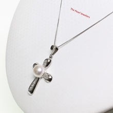 Load image into Gallery viewer, 2000595-14k-White-Gold-Diamonds-Religious-Cross-White-Pearl-Pendant-Necklace