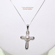 Load image into Gallery viewer, 2000595-14k-White-Gold-Diamonds-Religious-Cross-White-Pearl-Pendant-Necklace