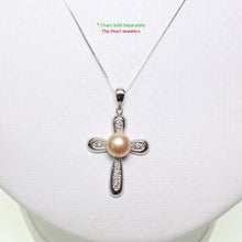 Load image into Gallery viewer, 2000597-14k-White-Gold-Diamonds-Pink-Pearl-Christian-Cross-Pendant-Necklace