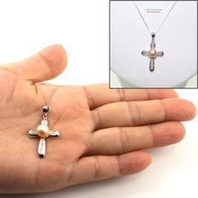 Load image into Gallery viewer, 2000597-14k-White-Gold-Diamonds-Pink-Pearl-Christian-Cross-Pendant-Necklace