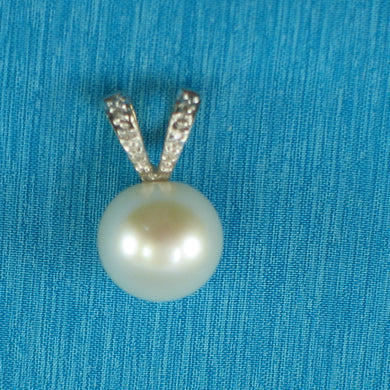 2002900 AAA WHITE CULTURED PEARL 14K SOLID GOLD DIAMONDS RABBIT-EAR BAIL PENDANT