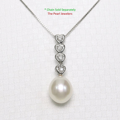 2098105 AAA WHITE PEARL 14K WHITE GOLD DIAMOND HEARTS PENDANT NECKLACE