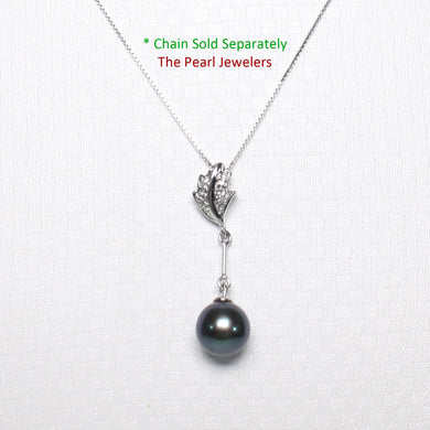 2099876 AAA BLACK CULTURED PEARL 14K WHITE GOLD LEAF BAIL DANGLING PENDANT