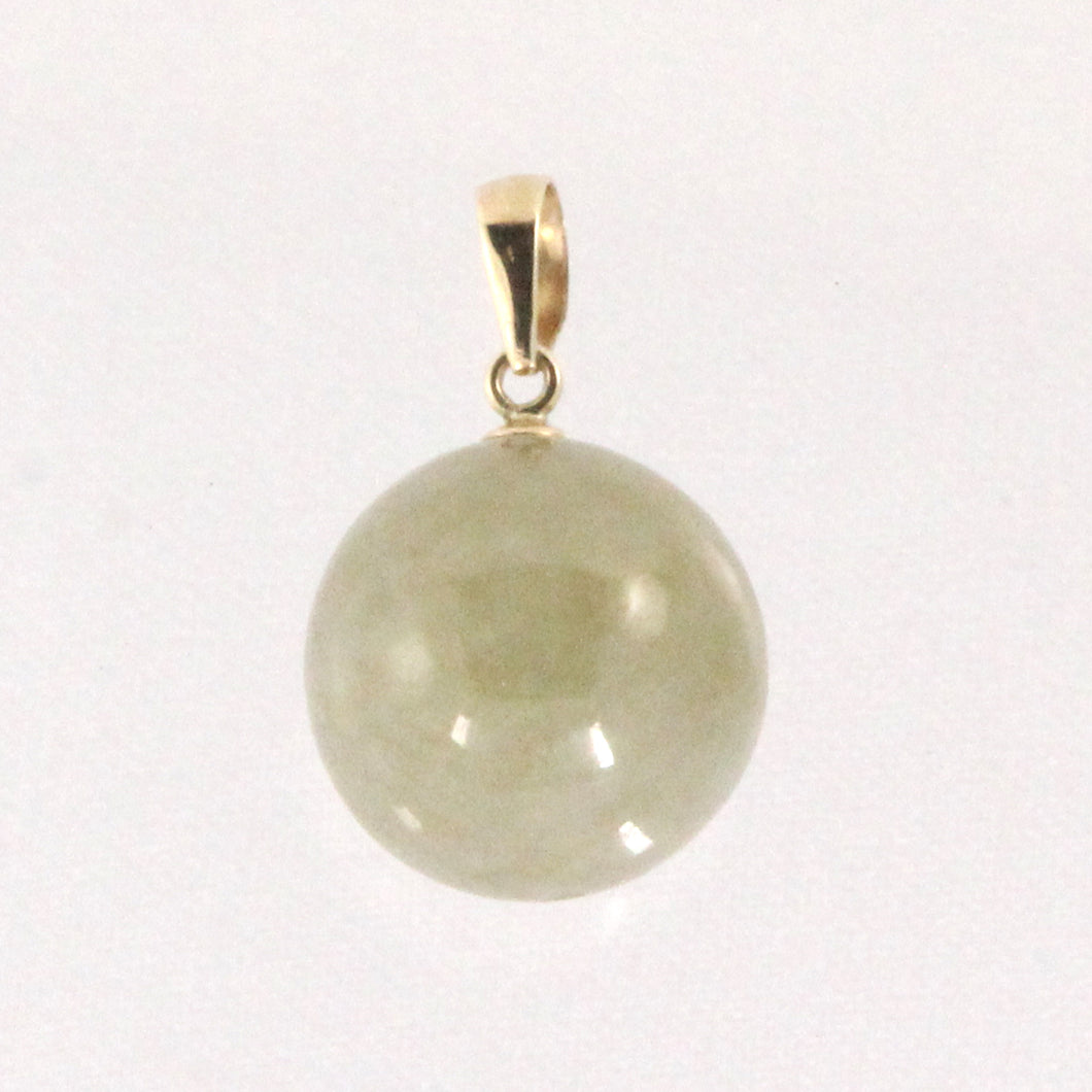 14k Solid Yellow Gold Dark Khaki Round Bead Jade Pendant