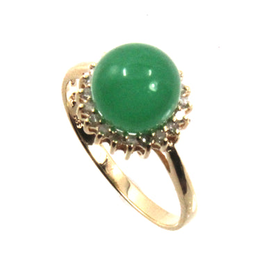 14K Solid Yellow Gold Green Jade & Diamond Cocktail Ring