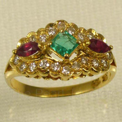 18K Yellow Gold Diamond, Ruby & Emerald Cocktail Ring