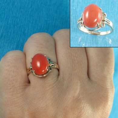 3201036-A-Simple-Yet-Elegant-Oval-Natural-Red-Coral-14K-Solid-Gold-Ornate-Ring