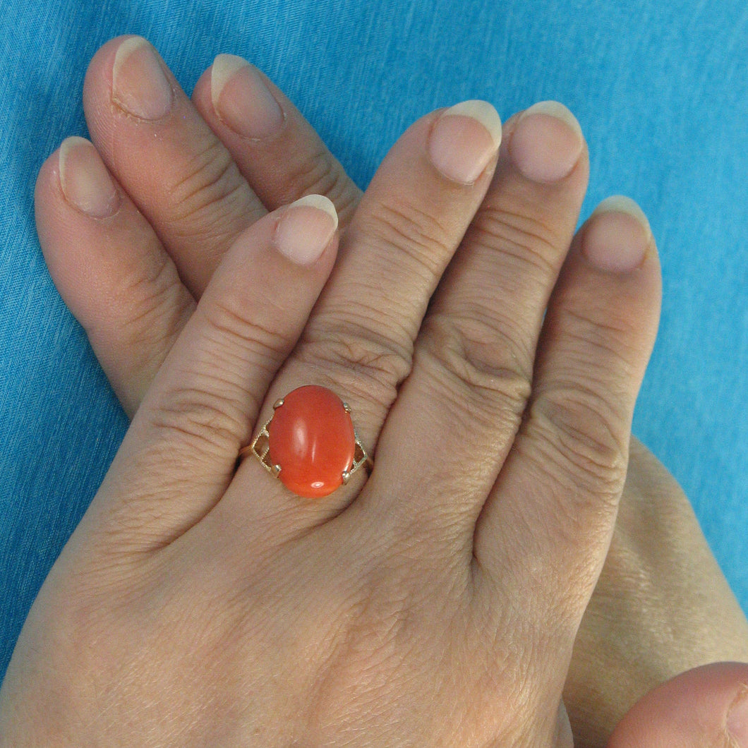 14K Yellow Gold Cabochon Oval Natural Red Coral Ring