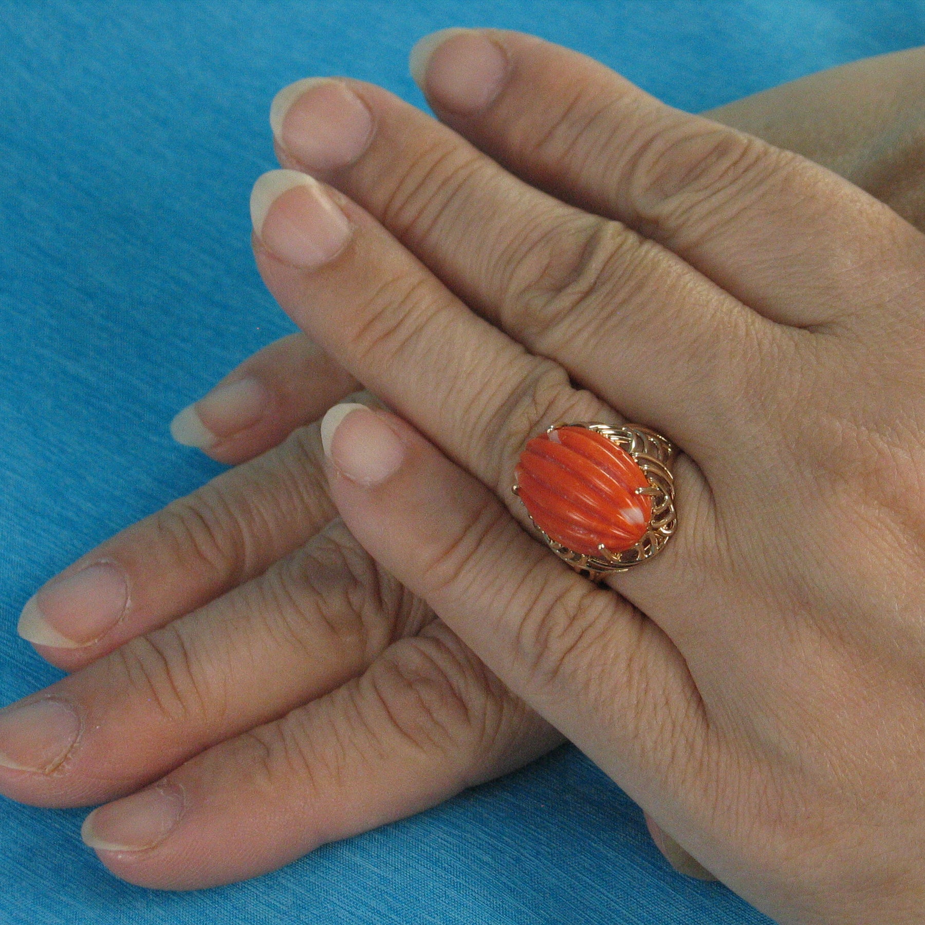 Bezel Set Red Coral & Diamond Cocktail Ring in Platinum - Filigree Jewelers