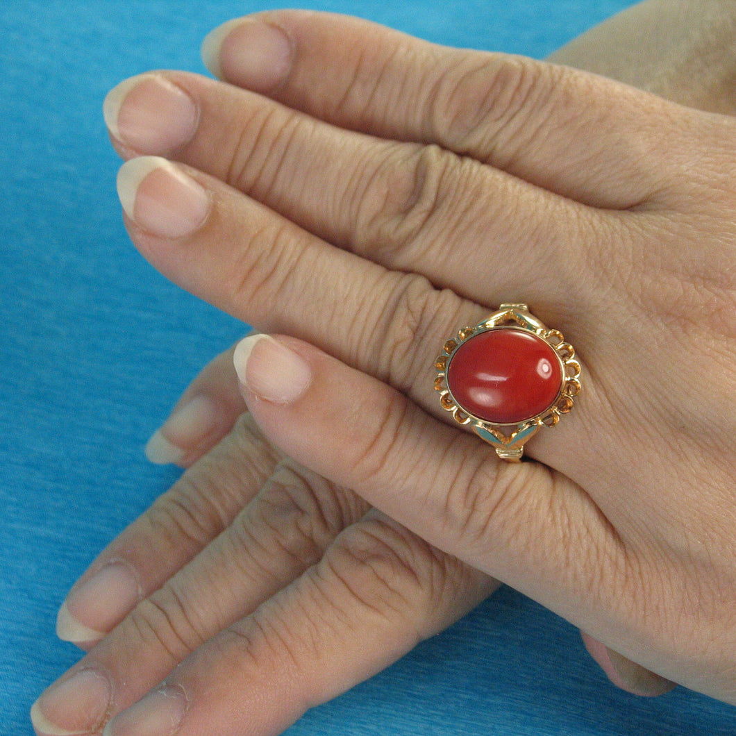 14K Yellow Gold Cabochon Oval Red Coral Ring