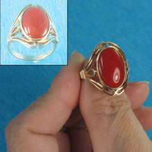 Load image into Gallery viewer, 3201222-14K-Solid-Yellow-Gold-Cabochon-Oval-Genuine-Natural-Red-Coral-Ring