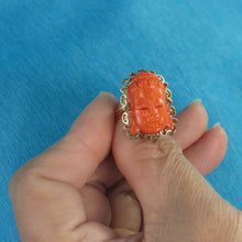 Load image into Gallery viewer, 3201252-Kuan-yin-Face-Genuine-Natural-Red-Coral-14K-Solid-Yellow-Gold-Ring