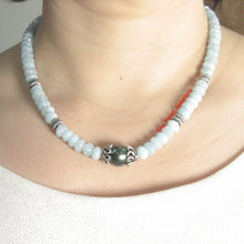 Load image into Gallery viewer, 6T0010S19-Aquamarine-Silver-925-Bali-Beads-Black-Tahitian-Pearl-Necklace