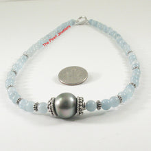 Load image into Gallery viewer, 6T0012S21-Aquamarine-Silver-925-Bali-Beads-Black-Tahitian-Pearl-Necklace