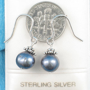 9100031-Solid-Sterling-Silver-Bali-Beads-F/W-Black-Pearl-Handcrafted-Hook-Earrings