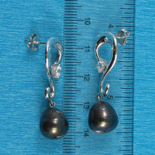 Load image into Gallery viewer, 9100181-Solid-Sterling-Silver-Black-Pearl-Cubic-Zirconia-Dangle-Earrings
