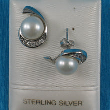 Load image into Gallery viewer, 9100270-Sterling-Silver-Cubic-Zirconia-White-Freshwater-Pearl-Earrings