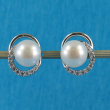 Load image into Gallery viewer, 9100280-Solid-Silver-.925-White-Cultured-Pearls-Cubic-Zirconia-Earrings