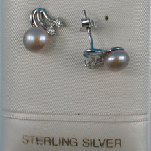Load image into Gallery viewer, 9100292-Sterling-Silver-Pink-F/W-Cultured-Pearl-Cubic-Zirconia-Earrings