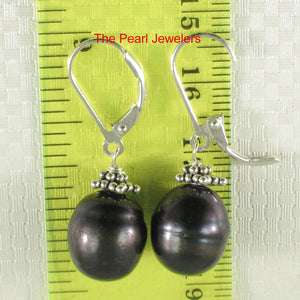 9100311-Solid-Silver-.925-Leverback-Bali-Beads-Black-F/W-Pearl-Hook-Earrings