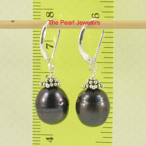 9100311-Solid-Silver-.925-Leverback-Bali-Beads-Black-F/W-Pearl-Hook-Earrings